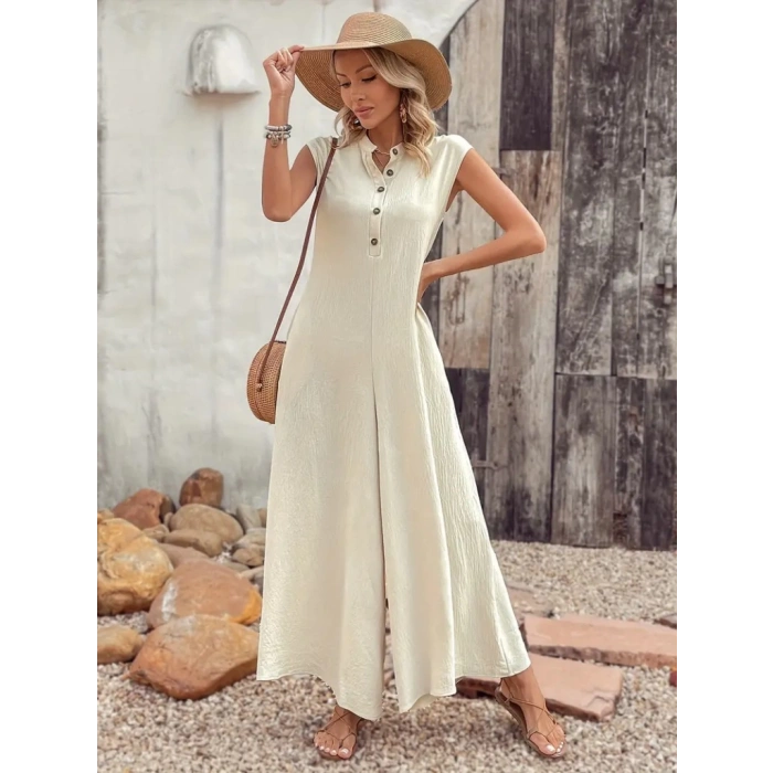 Kadın Kısa Kollu önden Düğmeli Paçaya Doğru Geniş Cepli Uzun Bürümcük Tulum