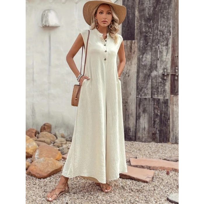 Kadın Kısa Kollu önden Düğmeli Paçaya Doğru Geniş Cepli Uzun Bürümcük Tulum