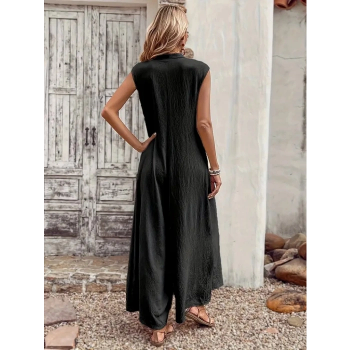 Kadın Kısa Kollu önden Düğmeli Paçaya Doğru Geniş Cepli Uzun Bürümcük Tulum