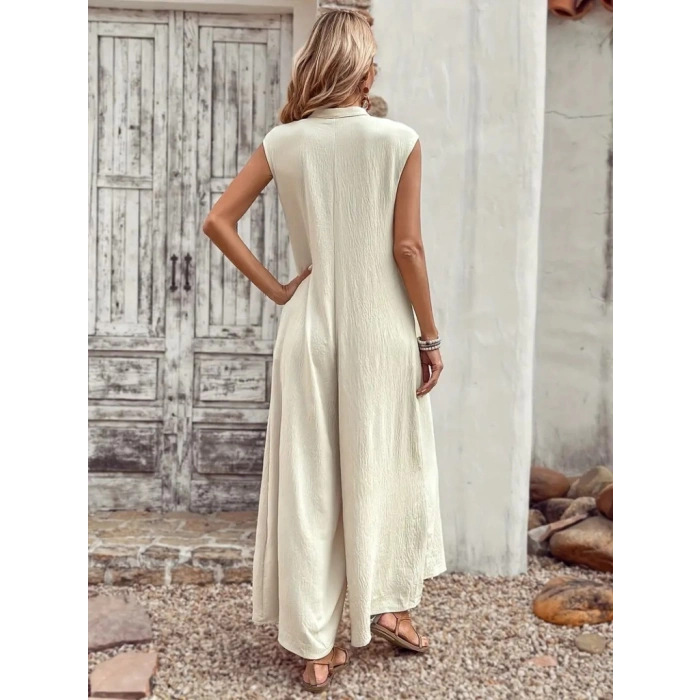 Kadın Kısa Kollu önden Düğmeli Paçaya Doğru Geniş Cepli Uzun Bürümcük Tulum