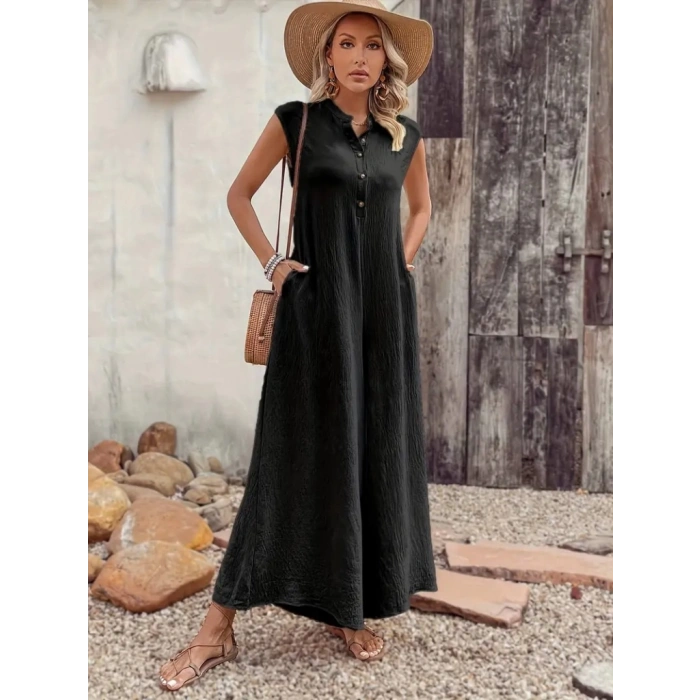 Kadın Kısa Kollu önden Düğmeli Paçaya Doğru Geniş Cepli Uzun Bürümcük Tulum