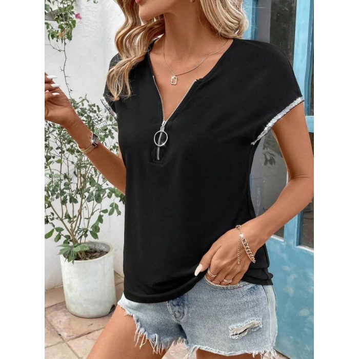 Kadın Kısa Kollu önden Fermuarlı Kol Ucu ışıltılı Viskon Bluz