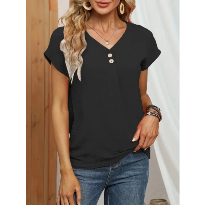 Kadın Kısa Kollu önü Düğmeli V Yaka Aerobin Bluz