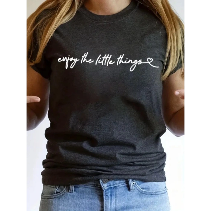 Kadın Kısa Kollu önü Yazı Baskılı Basic Süprem Bluz