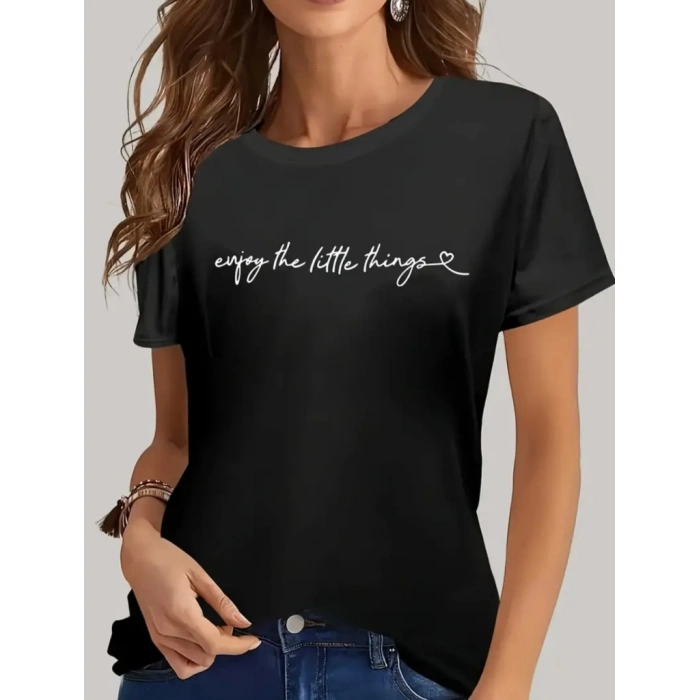 Kadın Kısa Kollu önü Yazı Baskılı Basic Süprem Bluz