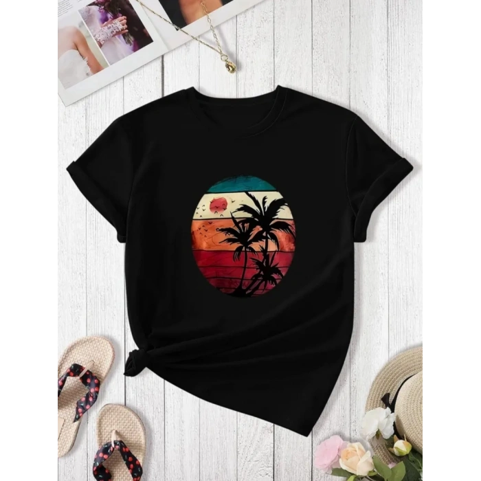 Kadın Kısa Kollu Palmiye Baskılı Viskon T-shirt