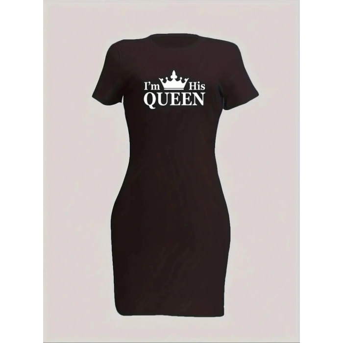 Kadın Kısa Kollu Queen Baskı Iki Iplik Mini Elbise