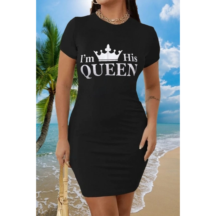 Kadın Kısa Kollu Queen Baskı Iki Iplik Mini Elbise