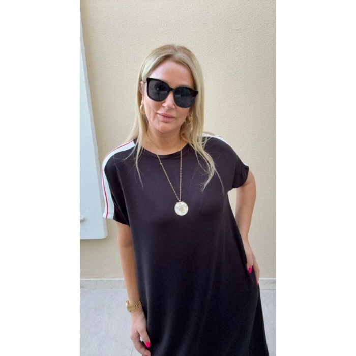 Kadın Kısa Kollu şerit Detay Midi Boy Elbise