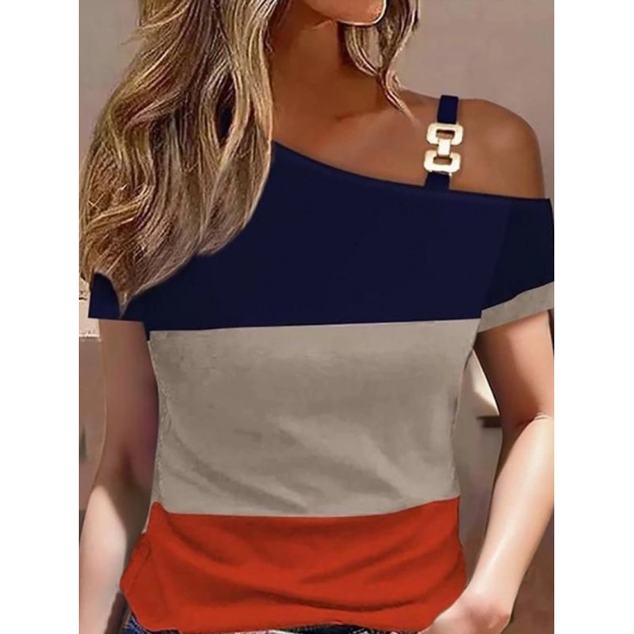 Kadın Kısa Kollu Tek Omuzu Açık Toka Detaylı çok Renkli Viskon Bluz