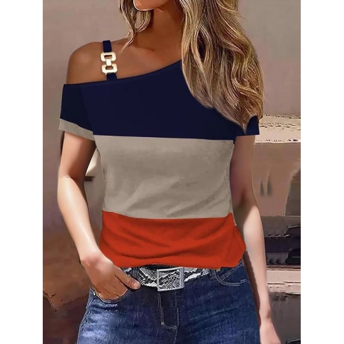 Kadın Kısa Kollu Tek Omuzu Açık Toka Detaylı çok Renkli Viskon Bluz