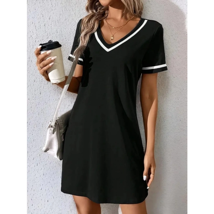 Kadın Kısa Kollu V çizgili Yakalı Kısa Viskon Elbise