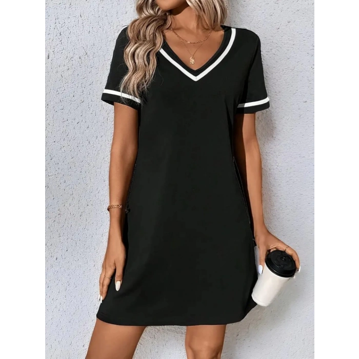 Kadın Kısa Kollu V çizgili Yakalı Kısa Viskon Elbise