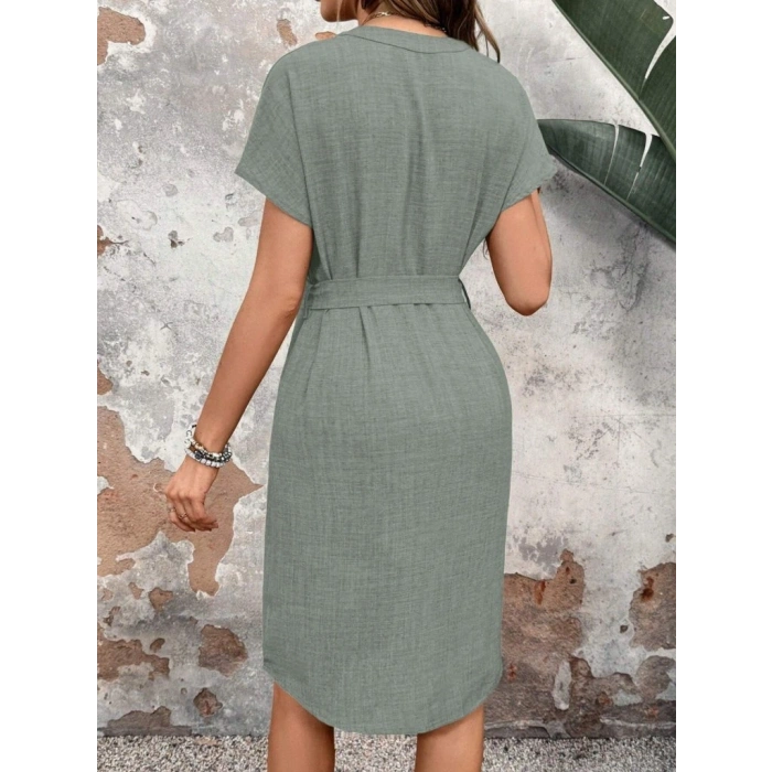 Kadın Kısa Kollu V Hakim Yaka Belden Kuşaklı Valencia Elbise