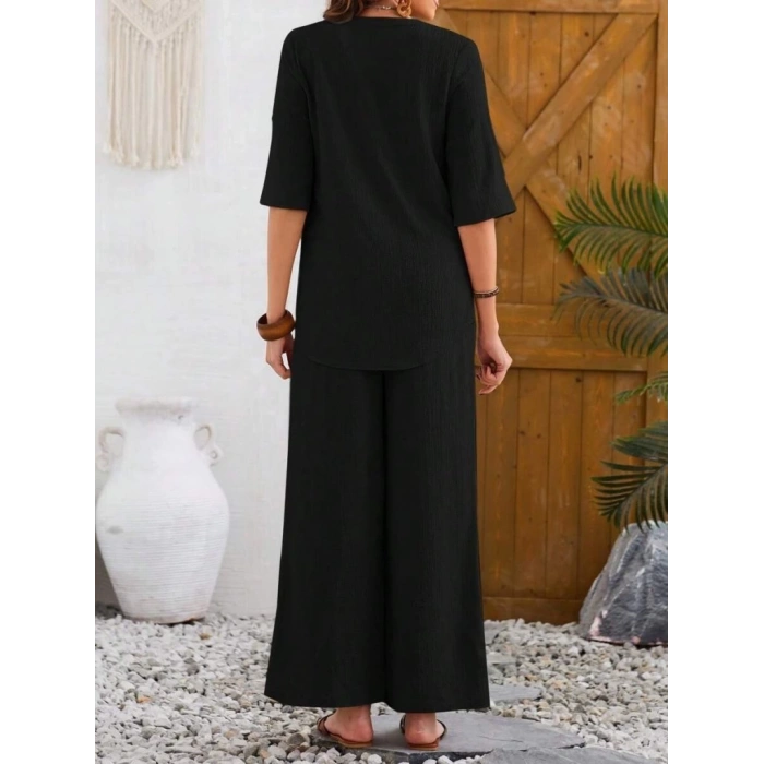 Kadın Kısa Kollu V Hakim Yaka Düğmeli Bürümcük Bluz Ve Pantolon Ikili Takım