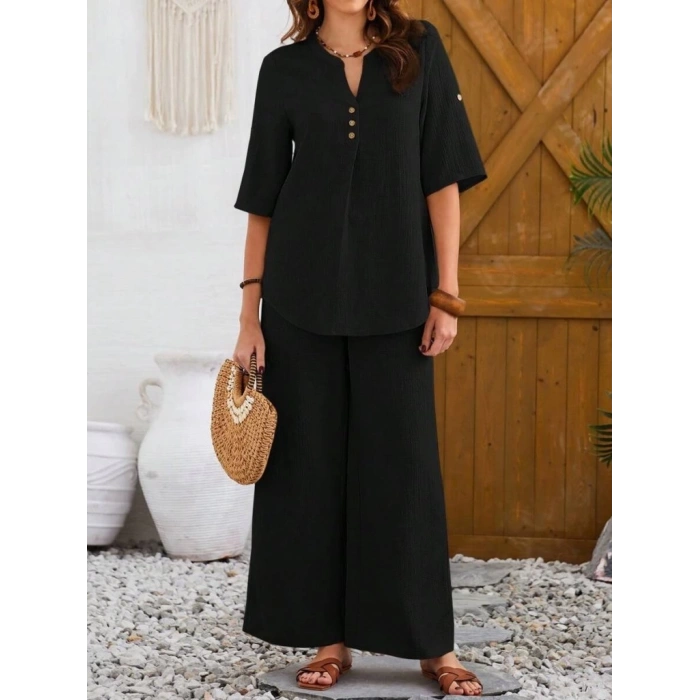 Kadın Kısa Kollu V Hakim Yaka Düğmeli Bürümcük Bluz Ve Pantolon Ikili Takım