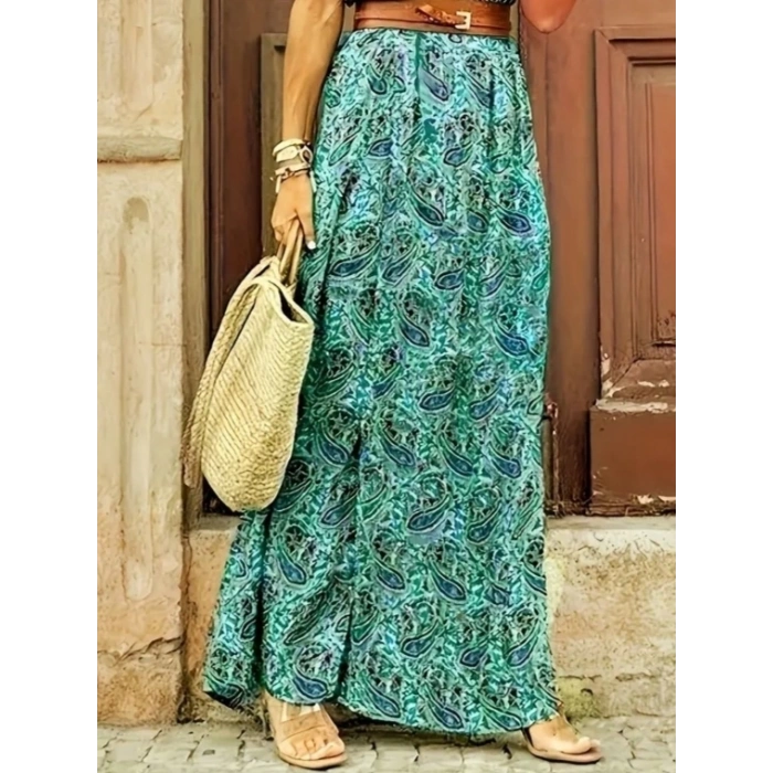 Kadın Kısa Kollu V Yaka Etnik Desenli Yırtmaç Detay Süprem Elbise (kemersiz)