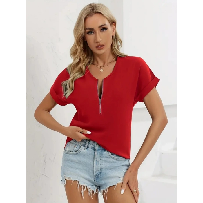 Kadın Kısa Kollu V Yaka Fermuarlı Salaş Sandy Bluz
