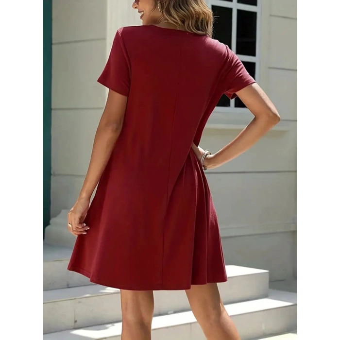 Kadın Kısa Kollu V Yaka önü Düğmeli Viskon Elbise