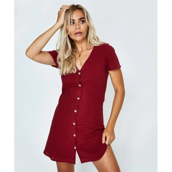 Kadın Kısa Kollu V Yaka önü Düğmeli Viskon Elbise