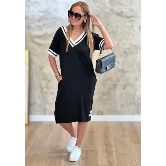 Kadın Kısa Kollu V Yaka Ribana Detaylı Cepli Dizüstü Viskon Elbise