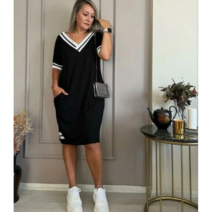 Kadın Kısa Kollu V Yaka Ribana Detaylı Cepli Dizüstü Viskon Elbise