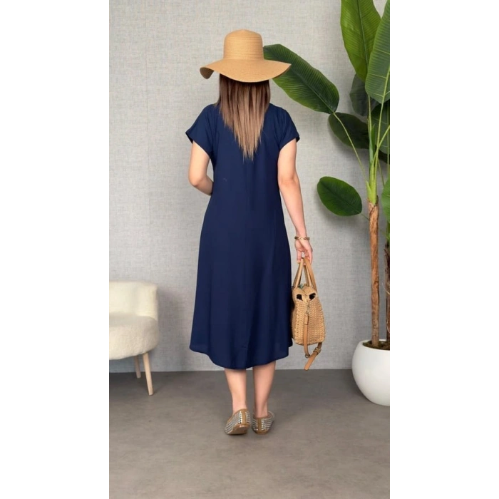 Kadın Kısa Kollu V Yaka Salaş Maxi Boy Elbise