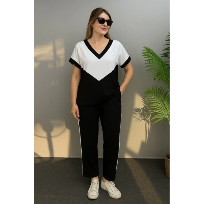 Kadın Kısa Kollu V Yaka Siyah Beyaz Renkli Viskon Iki Iplik Kumaş Eşofman Takımı