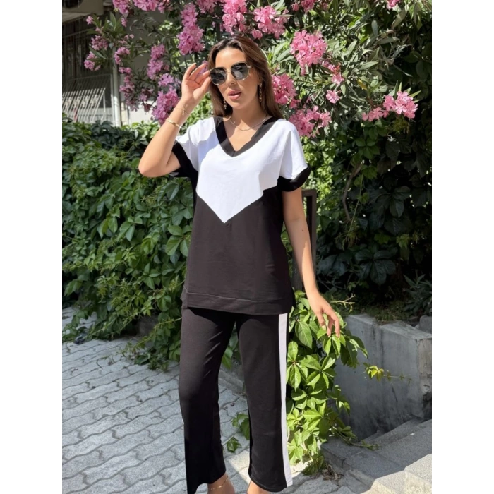 Kadın Kısa Kollu V Yaka Siyah Beyaz Renkli Viskon Iki Iplik Kumaş Eşofman Takımı
