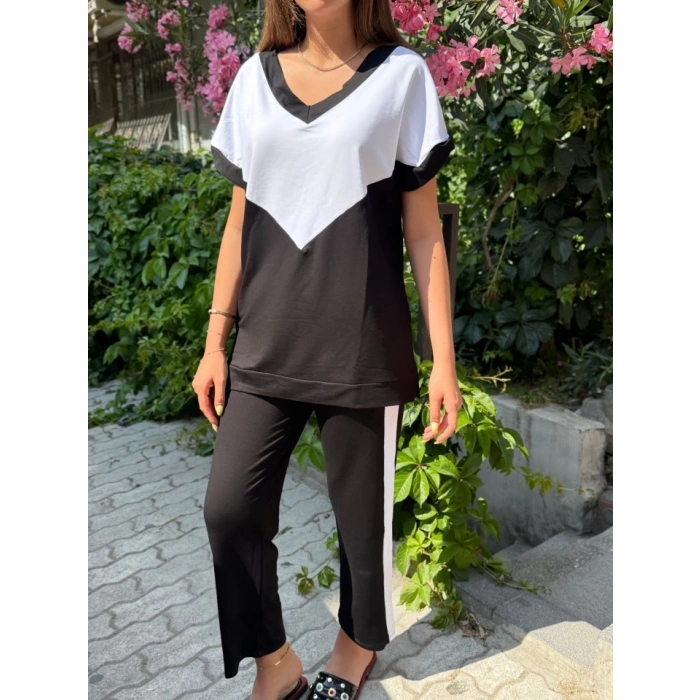 Kadın Kısa Kollu V Yaka Siyah Beyaz Renkli Viskon Iki Iplik Kumaş Eşofman Takımı
