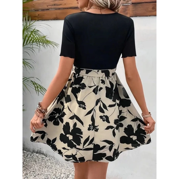 Kadın Kısa Kollu V Yakalı Belden Kuşaklı çiçek Desenli üst Viskon Alt Süprem Elbise
