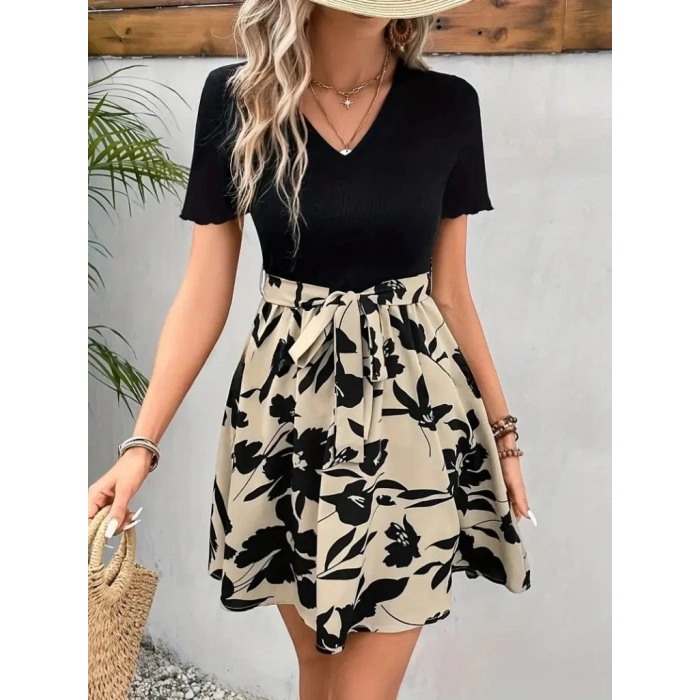 Kadın Kısa Kollu V Yakalı Belden Kuşaklı çiçek Desenli üst Viskon Alt Süprem Elbise