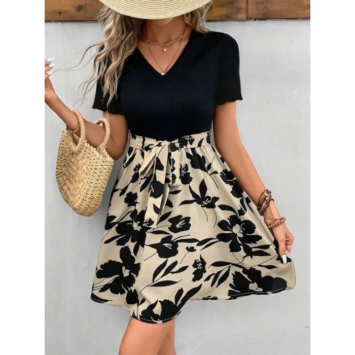 Kadın Kısa Kollu V Yakalı Belden Kuşaklı çiçek Desenli üst Viskon Alt Süprem Elbise