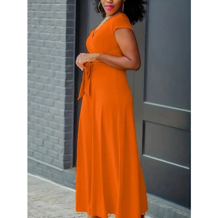 Kadın Kısa Kollu V Yakalı Belden Kuşaklı Maksi Boy Viskon Elbise