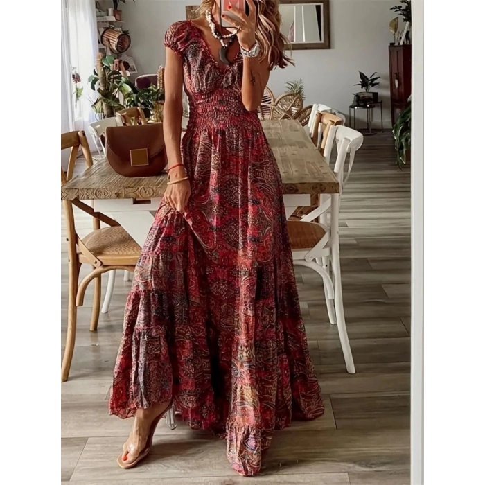 Kadın Kısa Kollu V Yakalı Beli Gipeli Desenli Süprem Maksi Elbise