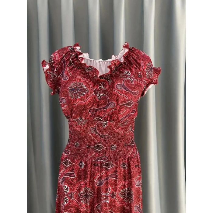 Kadın Kısa Kollu V Yakalı Beli Gipeli Desenli Süprem Maksi Elbise