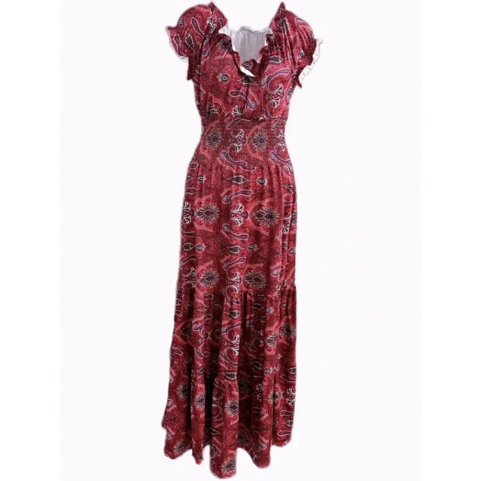 Kadın Kısa Kollu V Yakalı Beli Gipeli Desenli Süprem Maksi Elbise