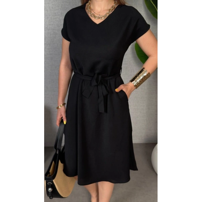 Kadın Kısa Kollu V Yakalı Beli Kuşaklı Ithal Keten Elbise