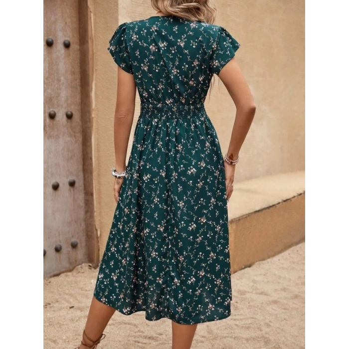 Kadın Kısa Kollu V Yakalı Beli Lastikli çiçek Desenli Süprem Elbise