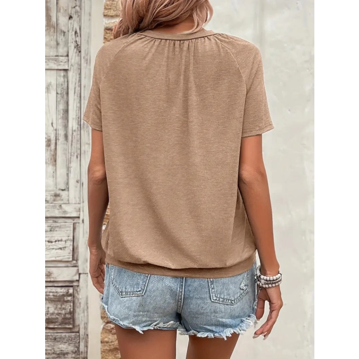 Kadın Kısa Kollu V Yakalı Büzgü Detaylı Viskon Bluz