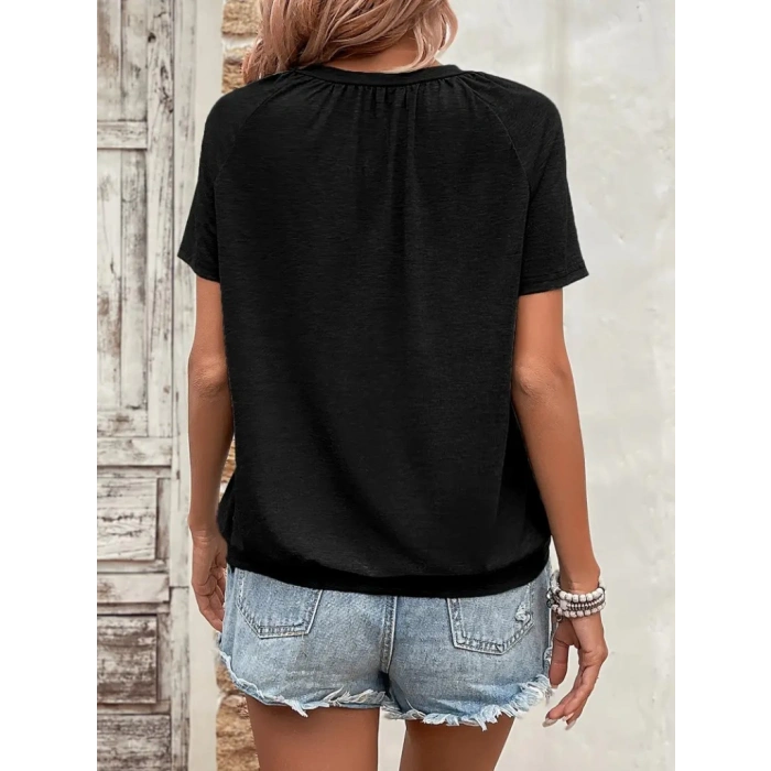 Kadın Kısa Kollu V Yakalı Büzgü Detaylı Viskon Bluz