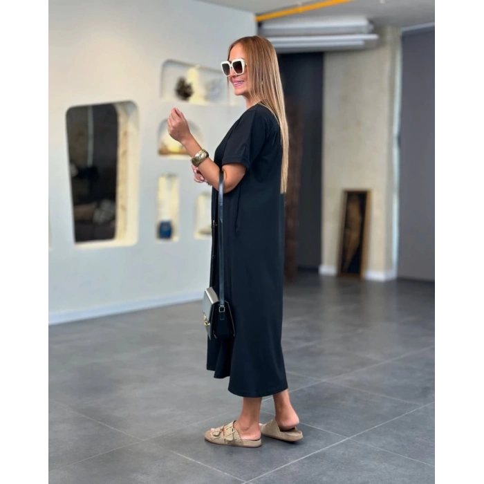 Kadın Kısa Kollu V Yakalı Cep Detaylı Uzun Viskon Iki Iplik Elbise