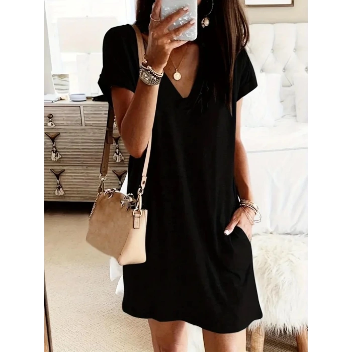 Kadın Kısa Kollu V Yakalı Cepli Kısa Viskon Elbise