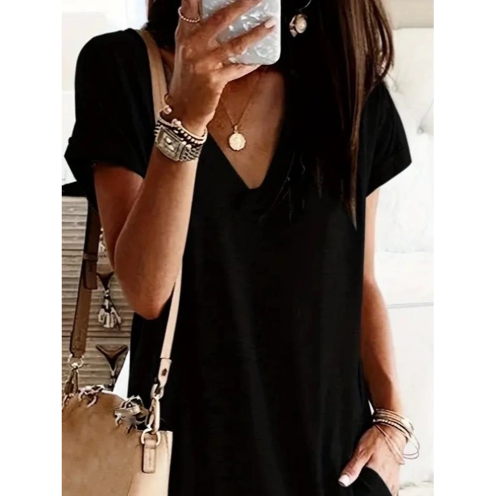 Kadın Kısa Kollu V Yakalı Cepli Kısa Viskon Elbise