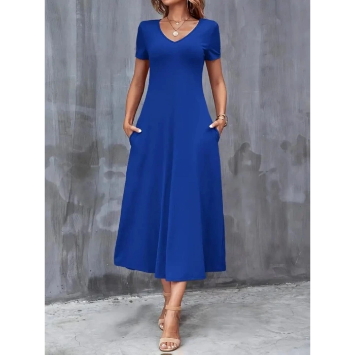 Kadın Kısa Kollu V Yakalı Cepli Viskon Elbise