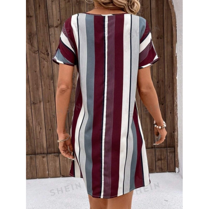 Kadın Kısa Kollu V Yakalı çizgi Baskılı Süprem Elbise