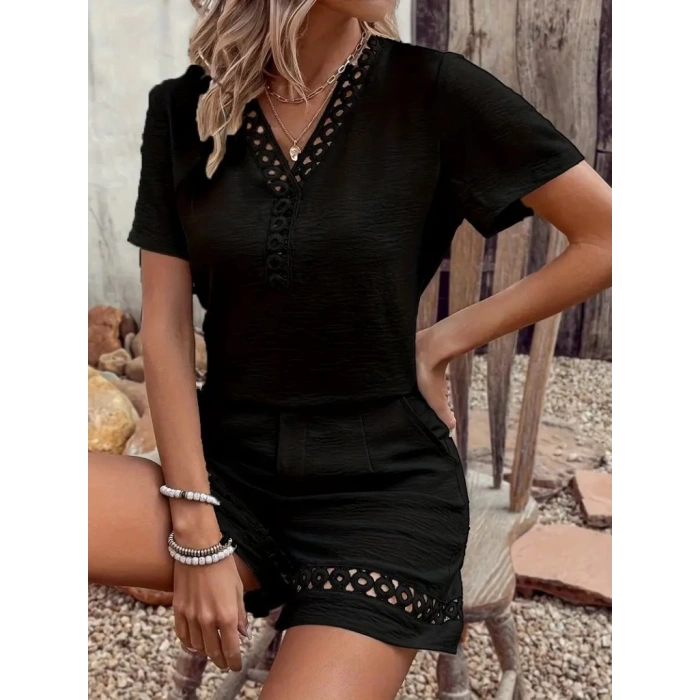 Kadın Kısa Kollu V Yakalı Dantel Detaylı Bürümcük Bluz Ve Short Ikili Takım