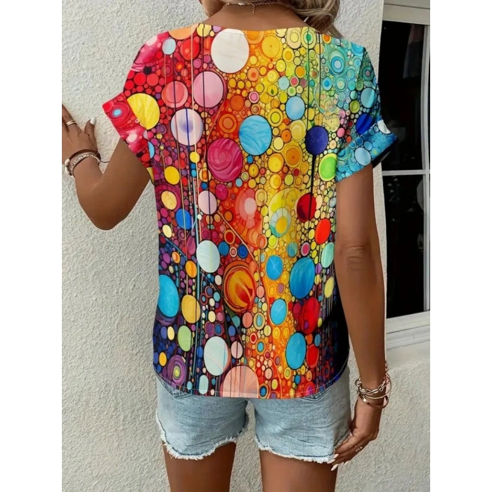 Kadın Kısa Kollu V Yakalı Desenli Süprem Bluz