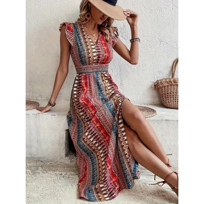 Kadın Kısa Kollu V Yakalı Desenli Yandan Yırtmaçlı Süprem Elbise