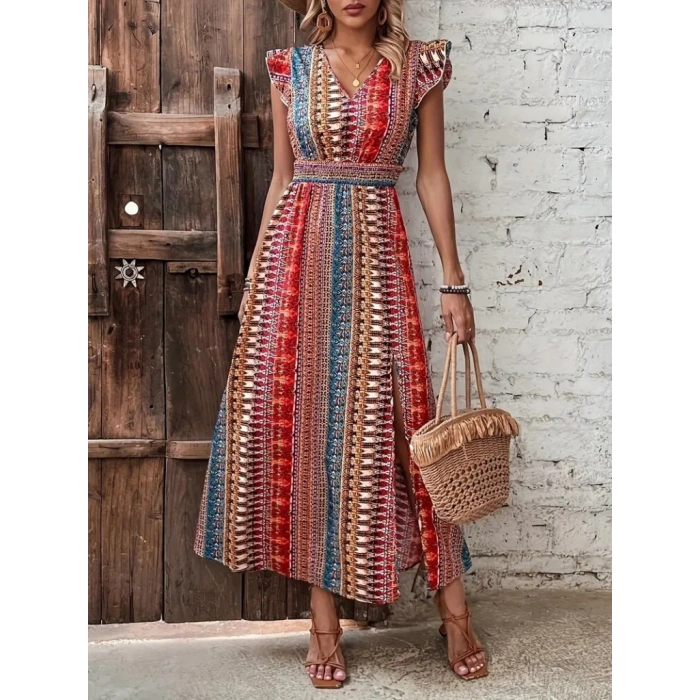 Kadın Kısa Kollu V Yakalı Desenli Yandan Yırtmaçlı Süprem Elbise